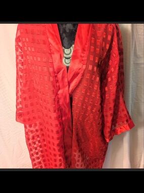 Vintage Red Sheer Satin-Trim Kimono Robe